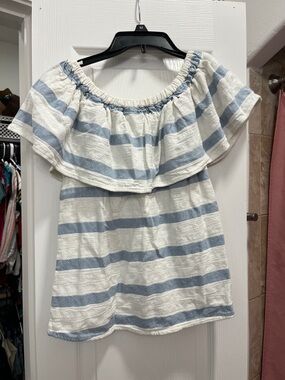 Cato Blue & White Striped Off-Shoulder Ruffle Top